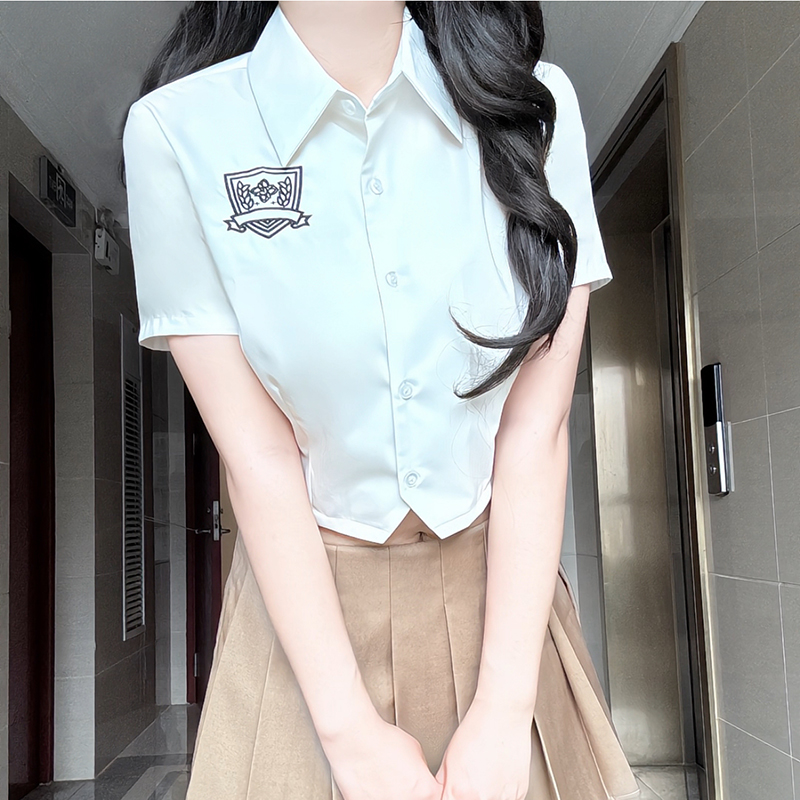 学院风短袖白衬衫女夏刺