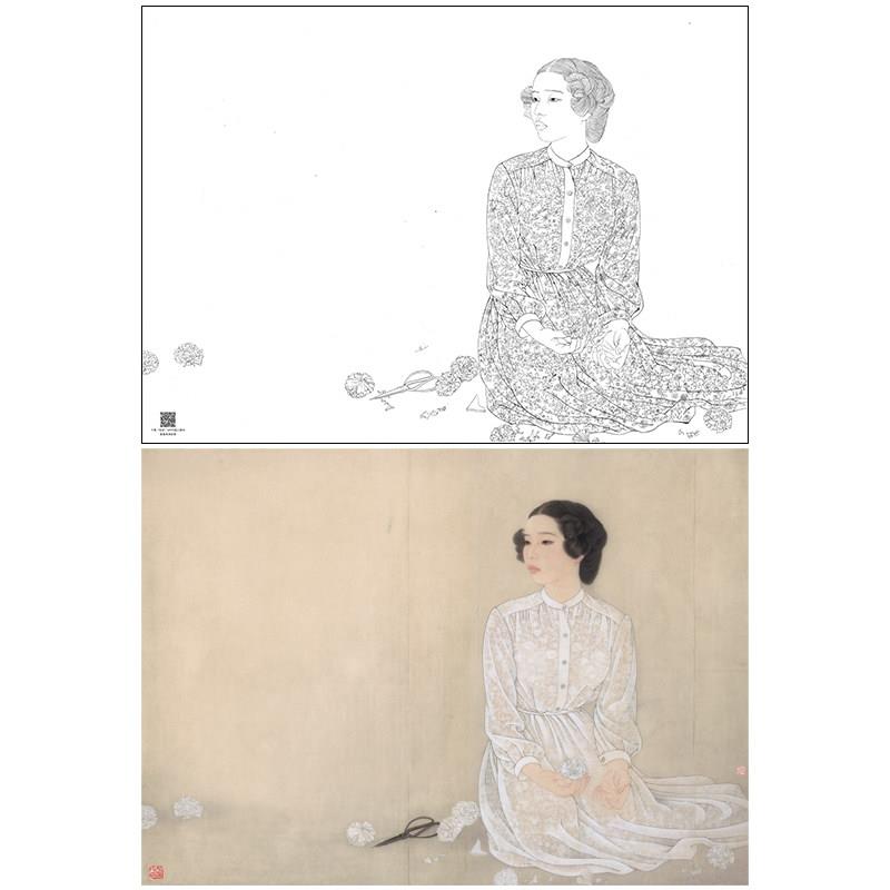 【大彩图】何家英工笔画白描底稿《清明》高清打印稿人物线稿ZV18