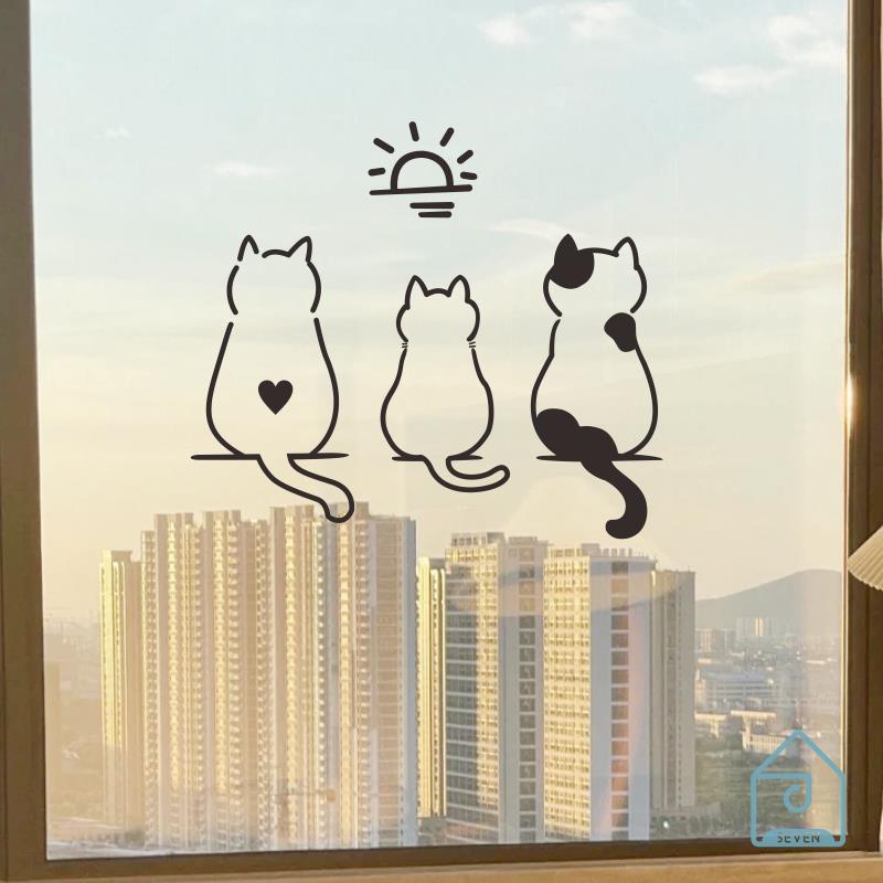 猫咪看日落玻璃墙贴 阳台落地窗厨房窗户贴画 儿童房墙面布置贴纸