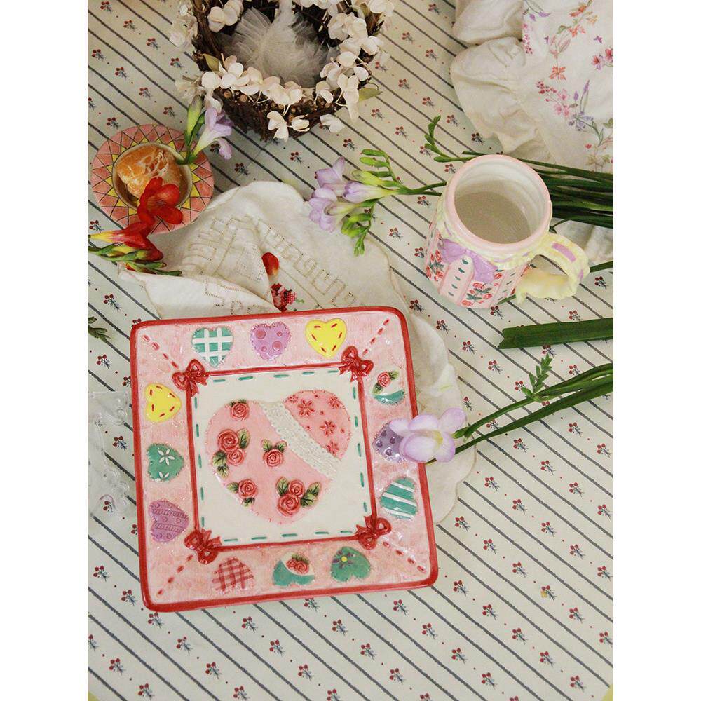 铛哩铛vintage|可爱复古彩色爱心拼布陶瓷盘子菜盘点心盘礼品礼物
