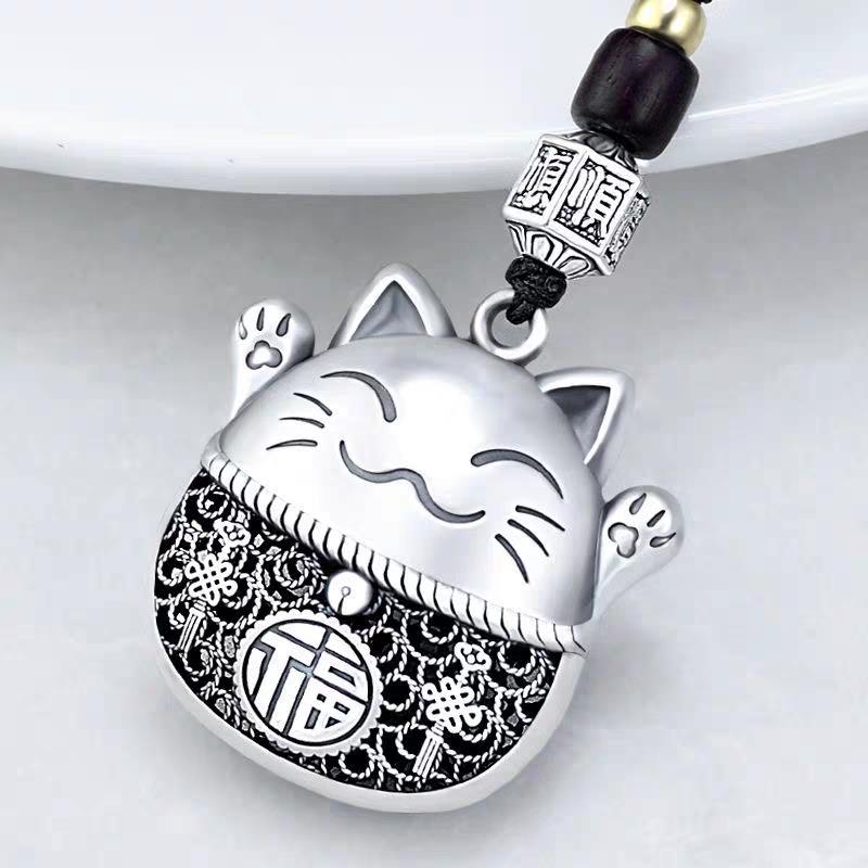 S999纯银招财猫汽车钥匙扣挂件男女士创意手工高档钥匙绳个性饰品