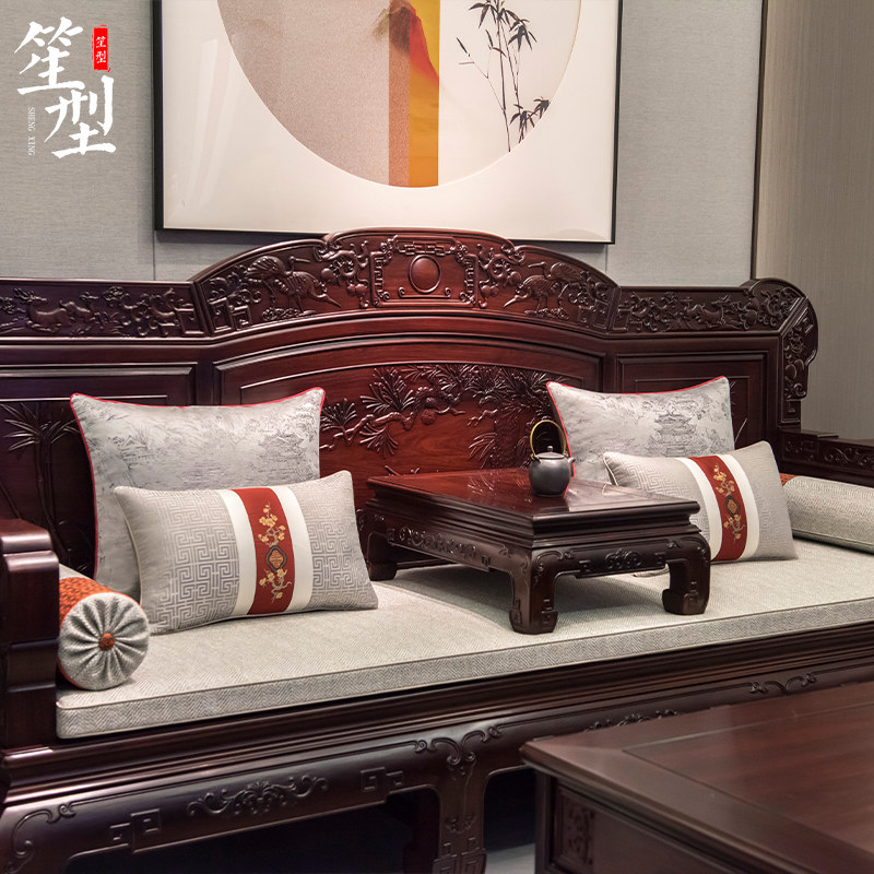 中式红木沙发坐垫古典麻布罗汉床垫子加厚飘窗垫四季通用定制