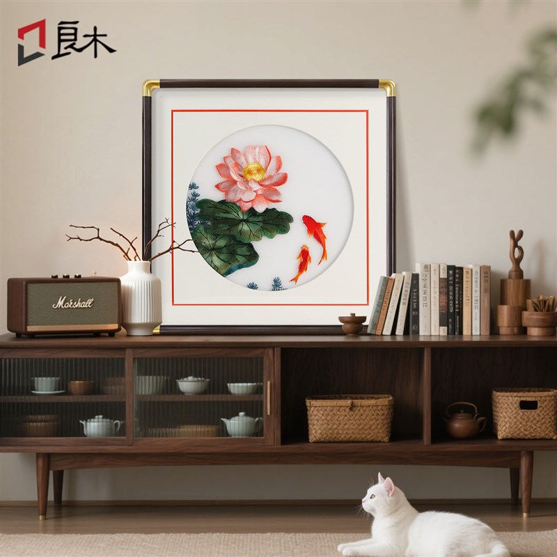 荷花刺绣苏绣成品挂画玄关客厅高档别墅装饰画斗方中国风花鸟壁画图片