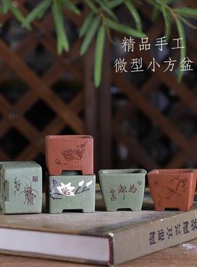 玉兰迷你正方 苏兵款精品手工刻绘紫砂小盆掌中宝控养盆景