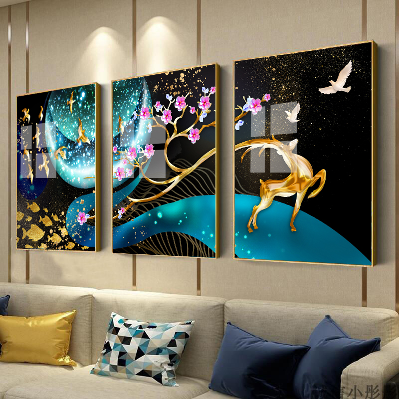 客厅装饰画现代简约挂画沙发背景墙玄关壁画冰晶玻璃有框画三联画图片
