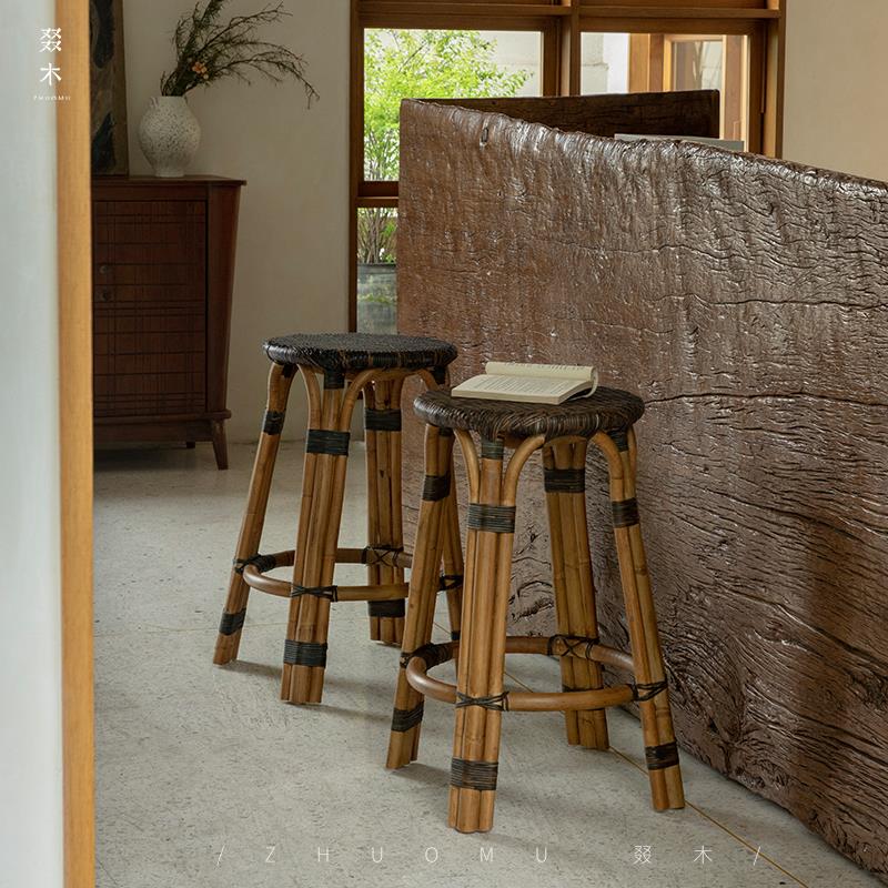 叕木|东南亚藤艺/酒吧咖啡厅商用吧台凳天然藤编民宿酒店高脚凳子