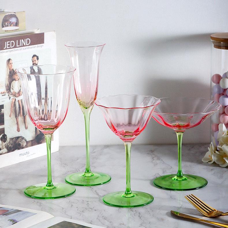 渐变色粉绿花朵杯高档鸡尾酒杯玻璃红酒杯高颜值香槟杯起泡酒杯子