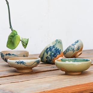 茶碗主人杯大茶杯闻香杯水墨手工绘画 粗陶茶杯品茗杯色釉青花中式