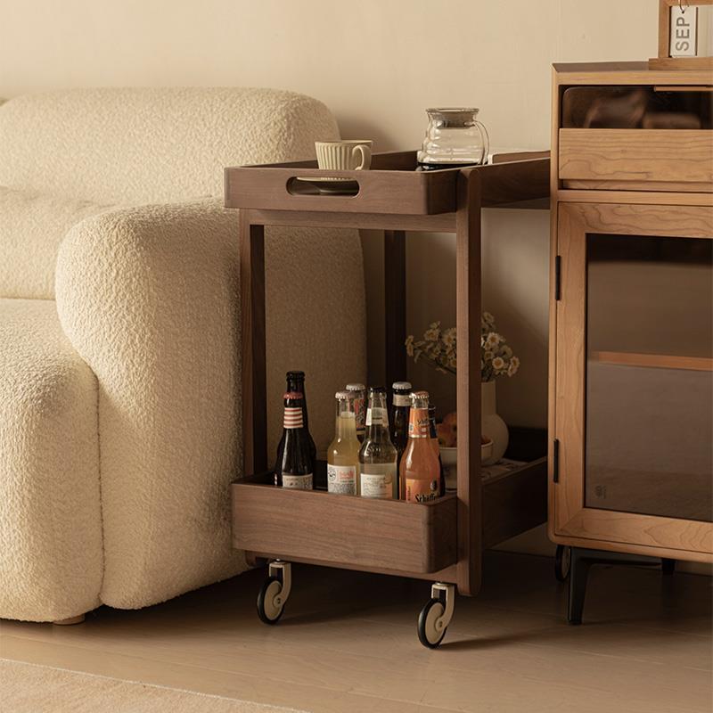 黑胡桃木小推车置物架可移动沙发边几实木小茶几带轮客厅角几北欧