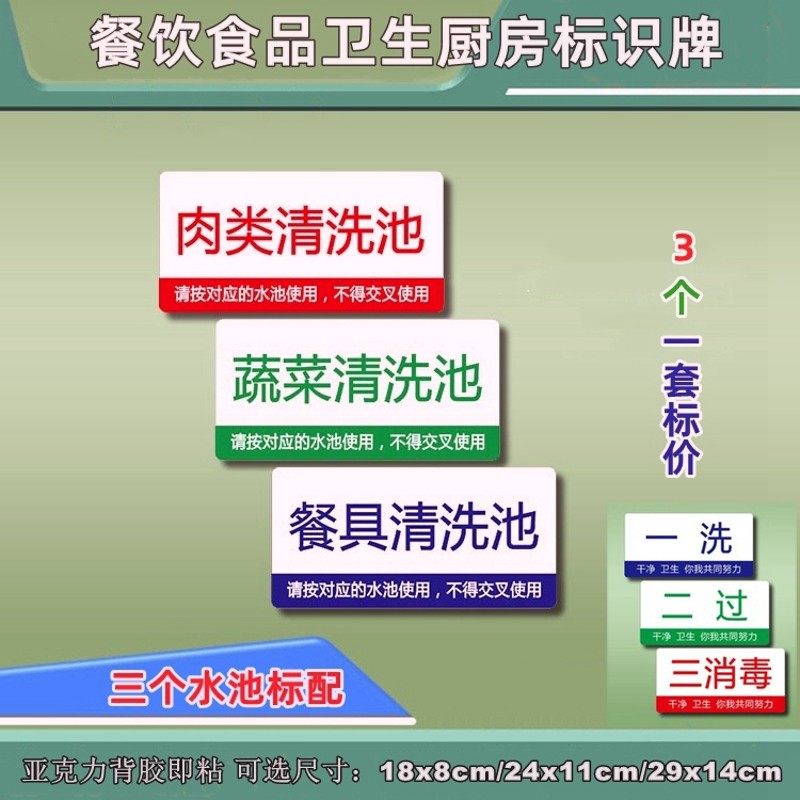 厨房卫生标识牌水产肉类蔬菜餐具清洗消毒池一洗二过三消毒标贴