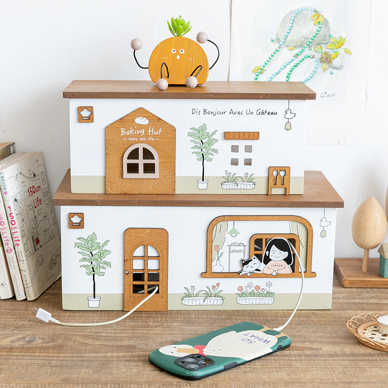 阿楹 日式轻奢电脑书桌电视柜摆件遮挡插座收纳盒办公室装饰