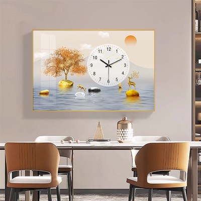 现代轻奢风餐厅晶瓷镶钻款画面装饰画带钟表福禄生辉新款墙壁挂画