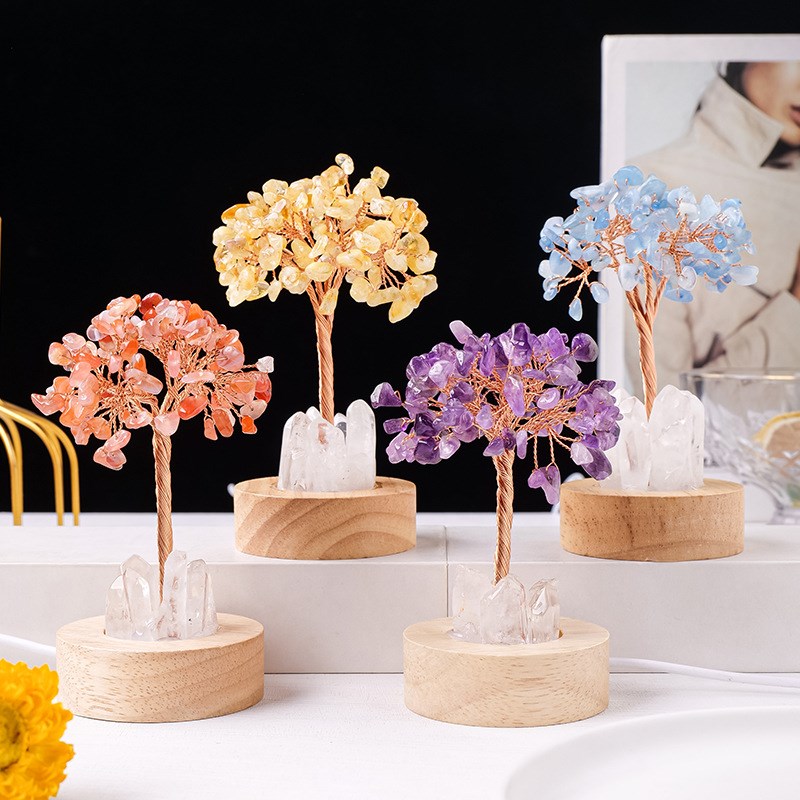 天然水晶碎石发财树小夜灯水晶单晶体家居装饰品卧室氛围灯摆件