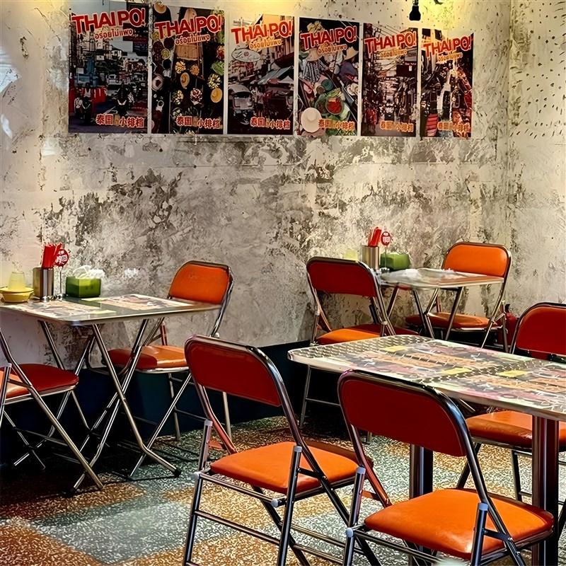 港式茶餐厅小吃店冰室桌椅组合工业风烧烤店靠墙卡座不锈钢折叠椅