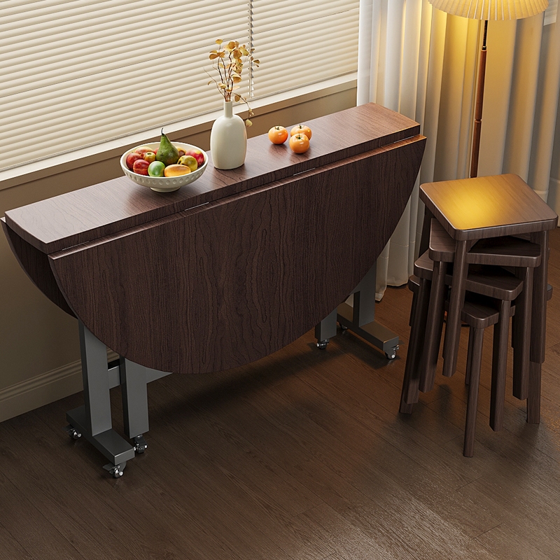 中式实木圆餐桌带转盘家用折叠桌子复古黑胡桃侘寂风桌椅