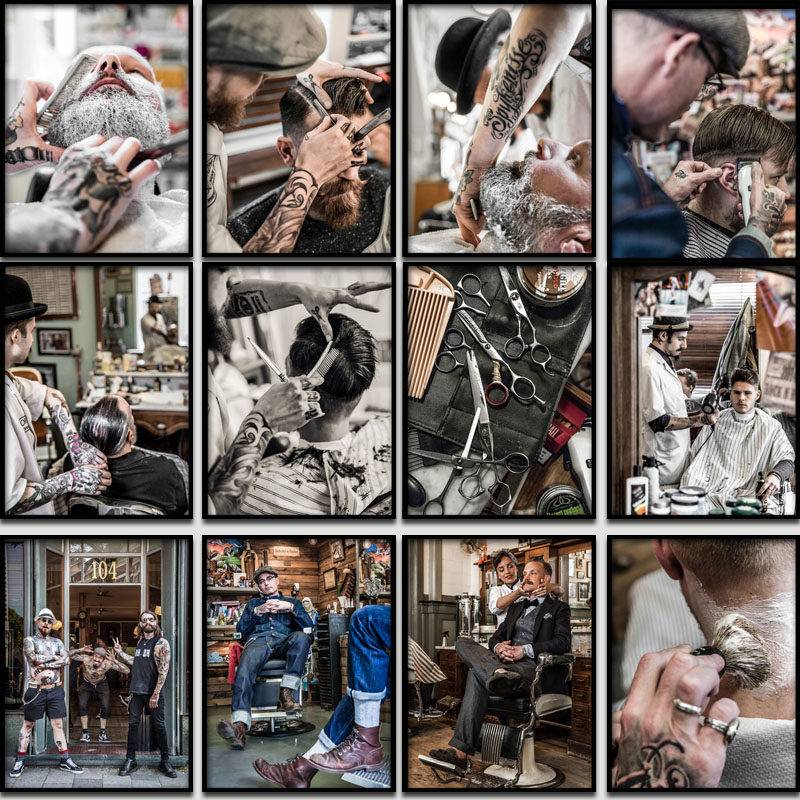 复古男士油头馆发型图片理发店装饰画发廊美发壁画eho挂画