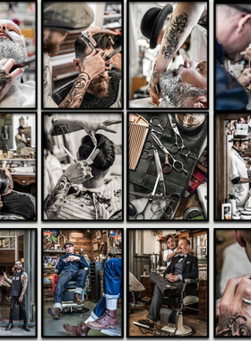 复古男士油头馆发型图片理发店装饰画发廊美发壁画eho挂画