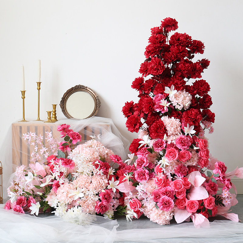 玫红色婚礼拍照仿真花布置拱门花架花堆橱窗迎宾假花美陈装置花艺