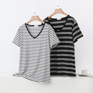 莫代尔V领短袖T恤女夏薄款内搭半袖打底衫大码黑白条纹上衣可外穿