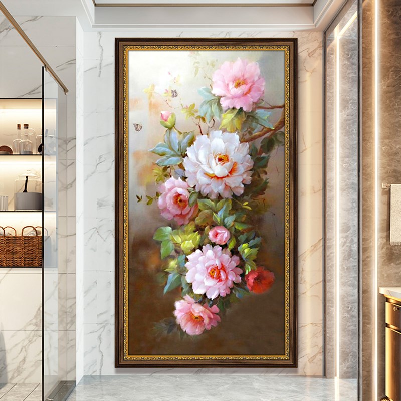 新中式玄关装饰画入户走廊纯手绘油画立体牡丹花客厅竖版书房挂画图片