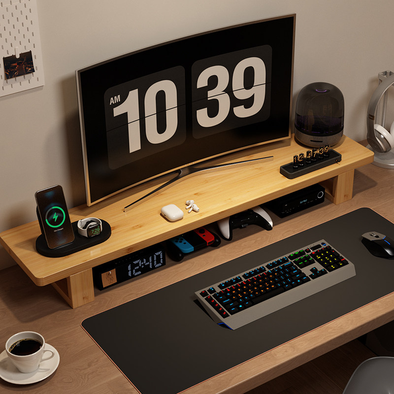 电脑增高架办公室桌面收纳神器显示器垫高底座托架实木简易置物架