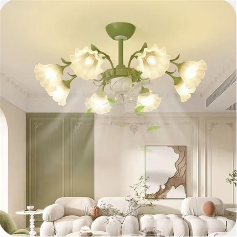 2025客厅吊灯静音摇头风扇灯法式铃兰花朵田园乡村餐厅吊扇灯