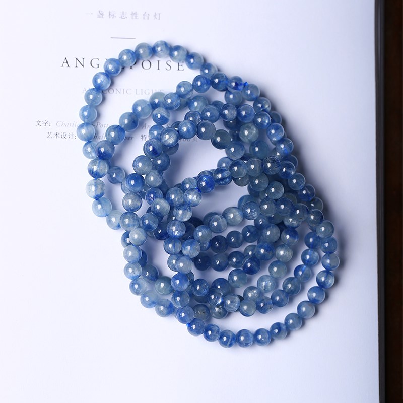 天然原色蓝晶石猫眼圆珠款手链 女款蓝色系水晶手串饰品礼物