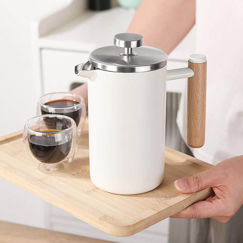 北欧风304不锈钢法压壶木手柄手冲滤压泡壶咖啡器具双层保温微瑕