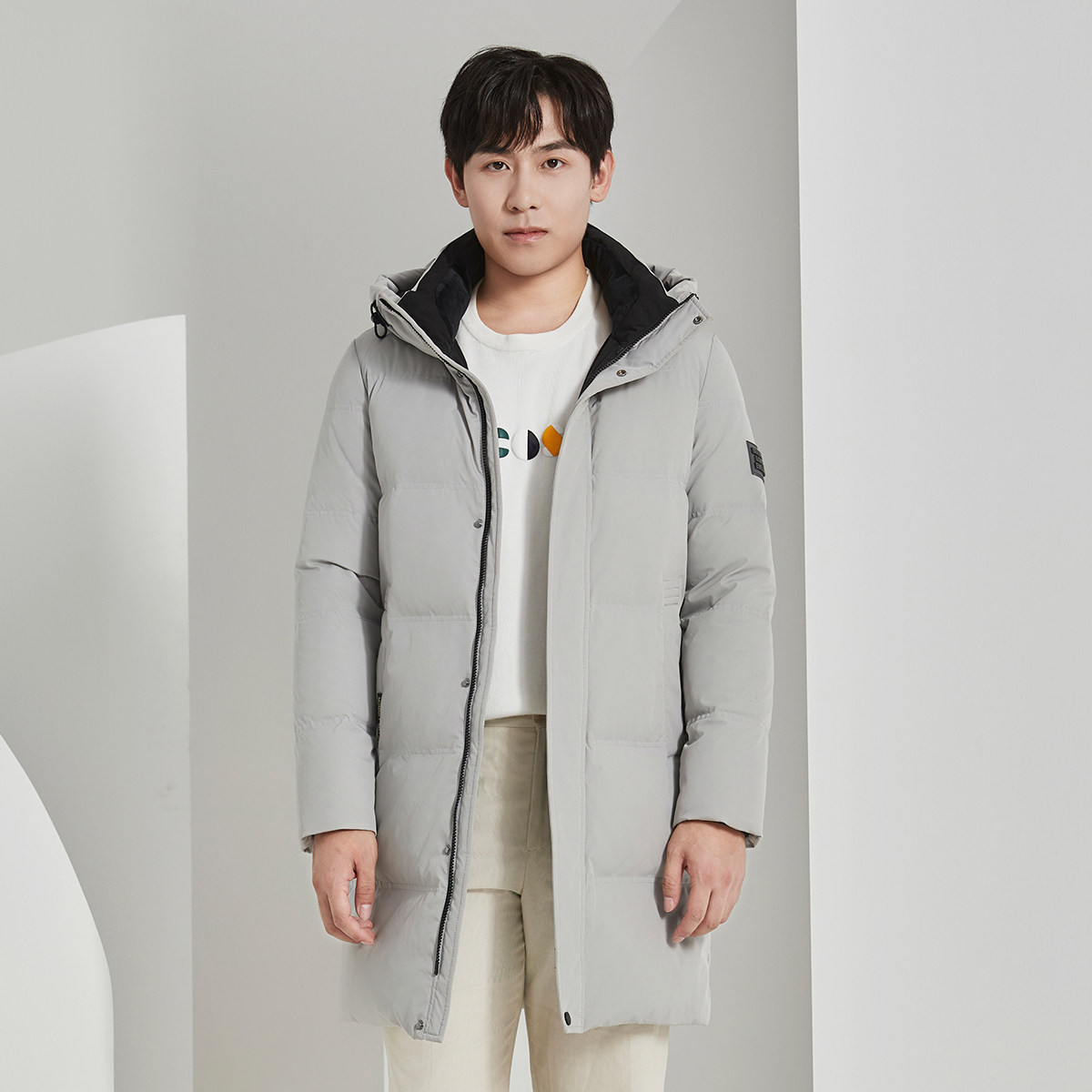 暖频道男士中长款舒适保暖羽绒服连帽休闲轻暖鸭绒外套保暖面包服