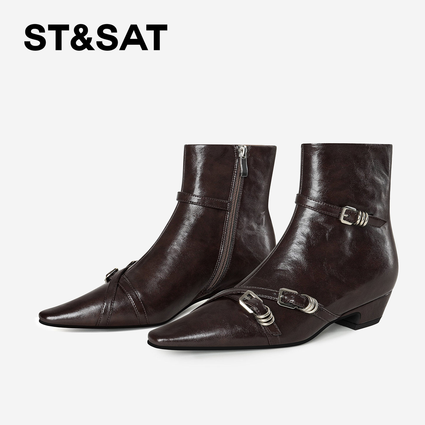 St&Sat/星期六复古真皮粗跟显瘦时装靴百搭气质短筒时尚低跟短靴,女鞋,时装靴,淘宝优惠券,粉丝福利购,淘宝优惠卷