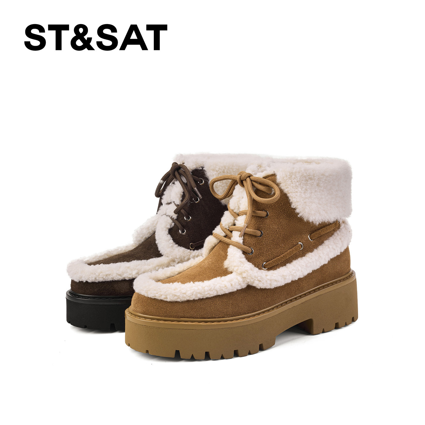 St&Sat/星期六中跟时尚雪地靴秋冬圆头保暖短靴系带百搭休闲女靴,女鞋,时尚雪地靴,淘宝优惠券,粉丝福利购,淘宝优惠卷