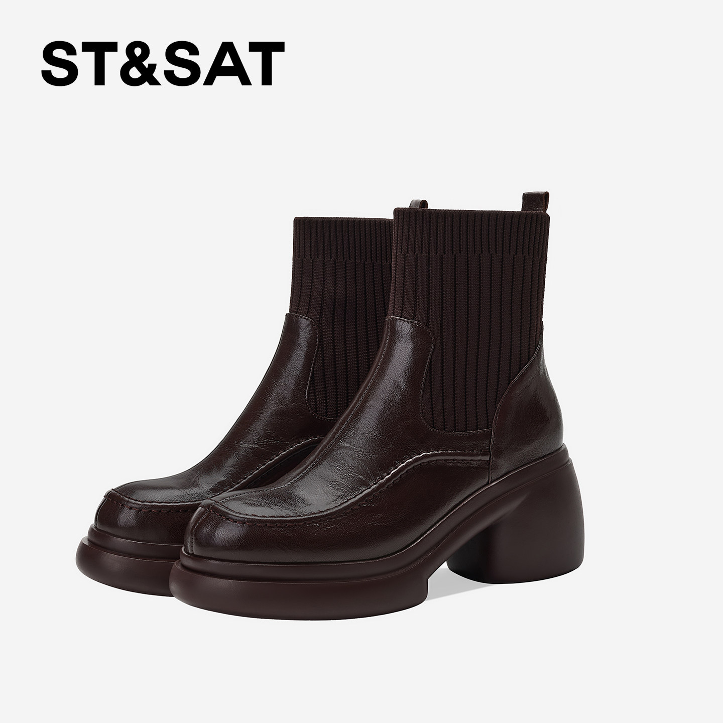 St&Sat/星期六厚底粗跟时装靴圆头时尚真皮女靴复古法式高跟短靴