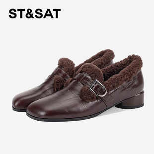St&Sat/星期六2025年冬季新款毛毛乐福鞋皮带扣粗跟一脚蹬单鞋