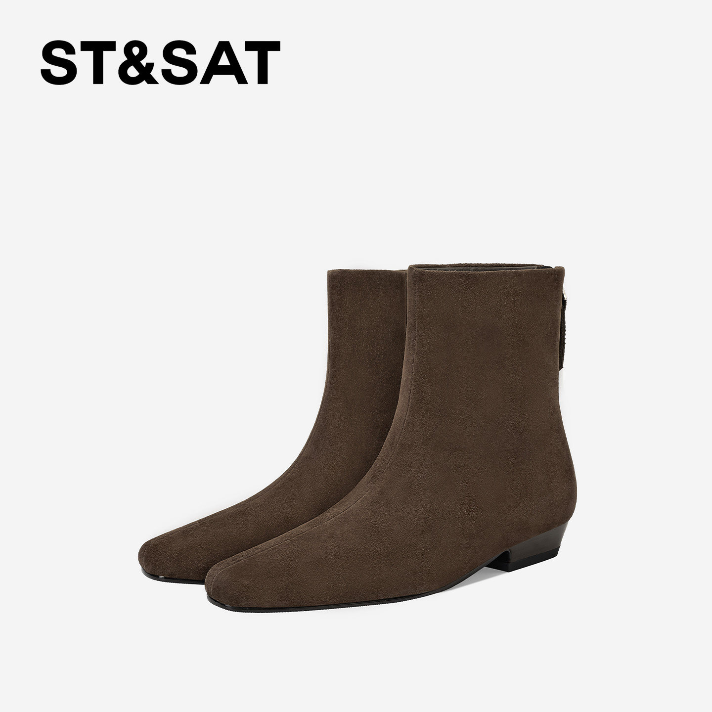 St&Sat/星期六粗跟短靴法式方头秋冬复古时装靴低跟后拉链女靴,女鞋,时装靴,淘宝优惠券,粉丝福利购,淘宝优惠卷