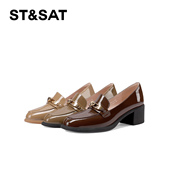 星期六英伦风圆头浅口单鞋 粗跟气质女鞋 金属装 St&Sat 饰乐福鞋