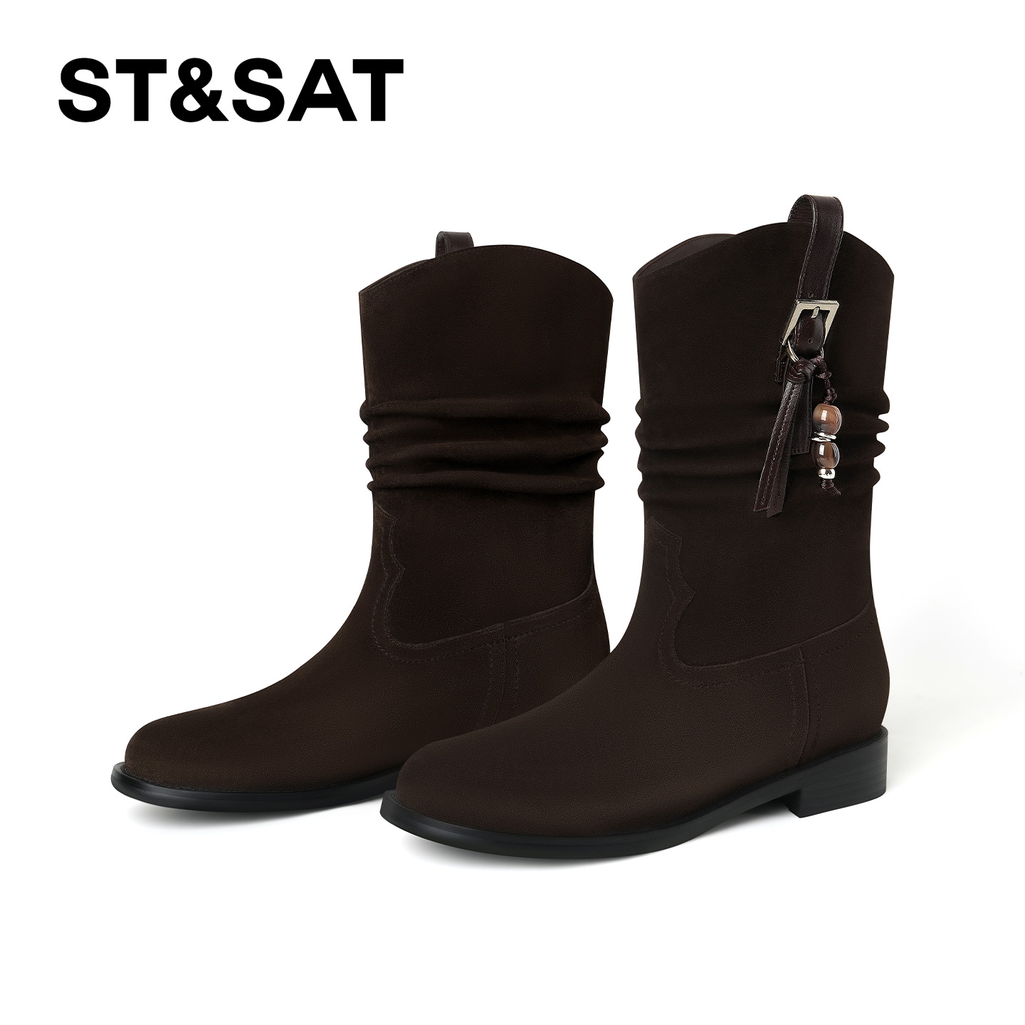 St&Sat/星期六秋冬新款时尚圆头马丁靴不累脚复古粗跟中筒靴子