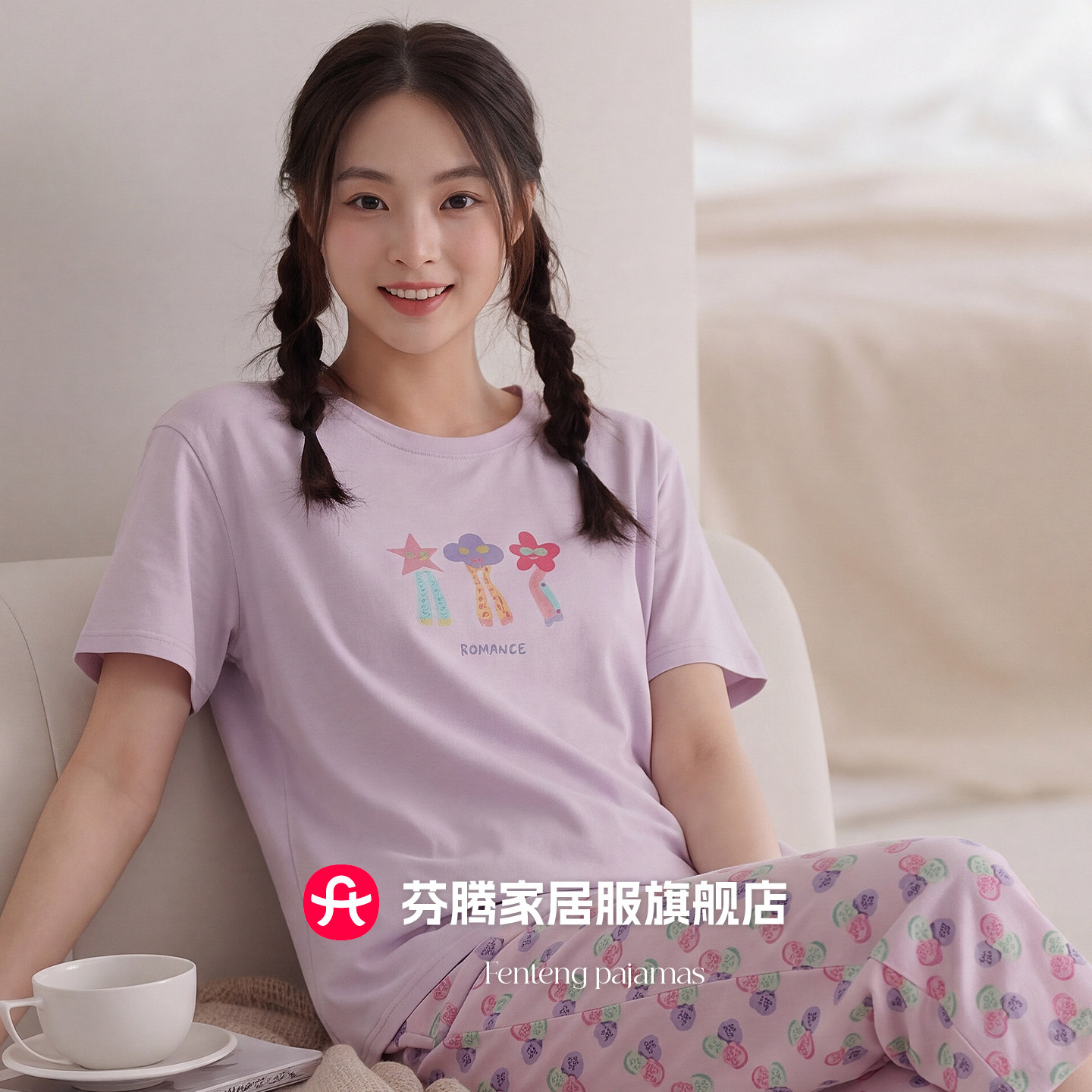芬腾2026新款女士夏季短袖卡通印花睡衣套装棉质家居服紫色两件套