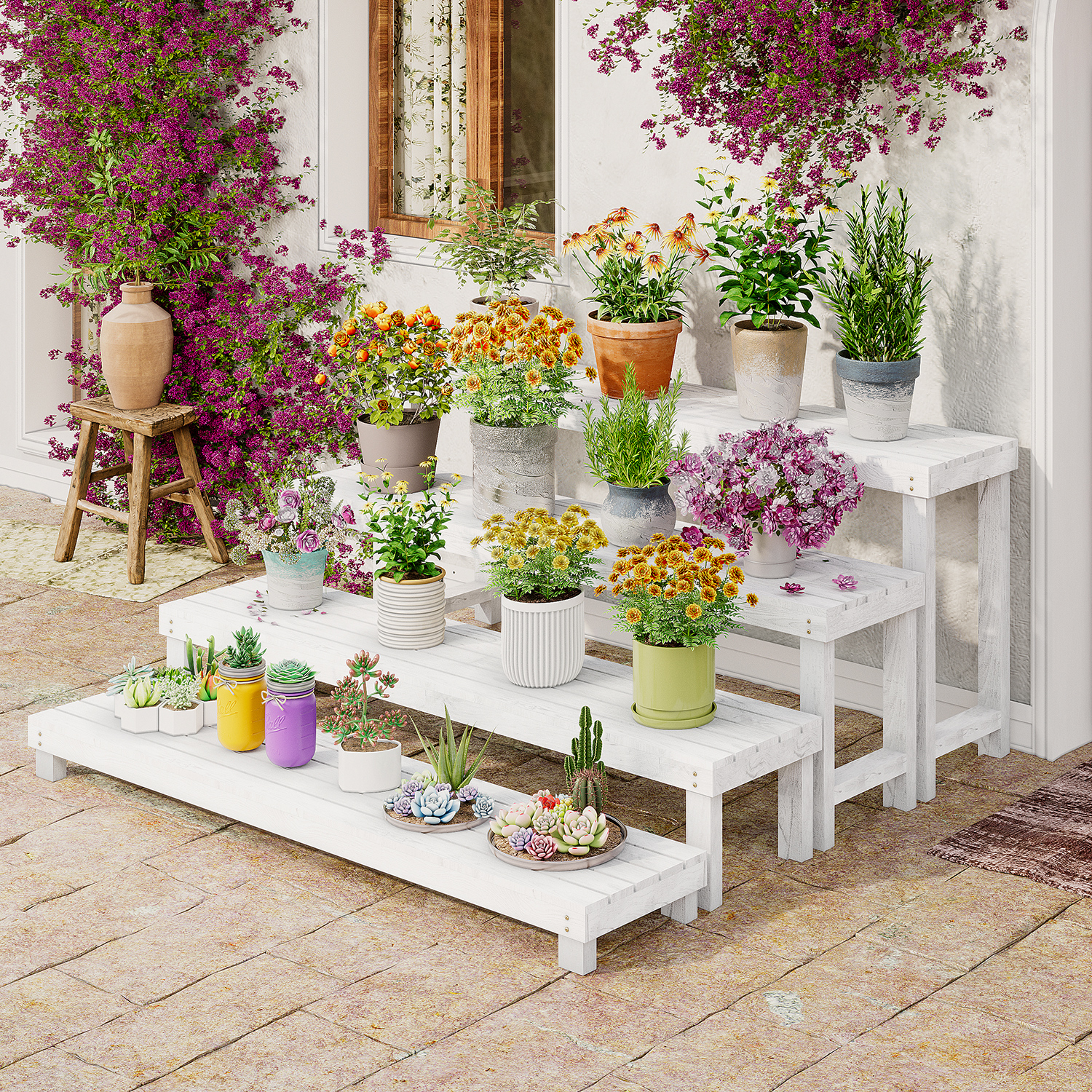 防腐木阶梯花架实木花店展示架多层阳台楼梯落地式三层梯形置物架