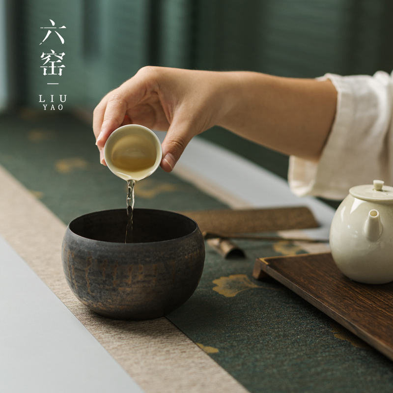 鎏金粗陶茶洗小号杯洗笔洗家用陶瓷水盂茶渣斗铁锈釉日式茶道建水