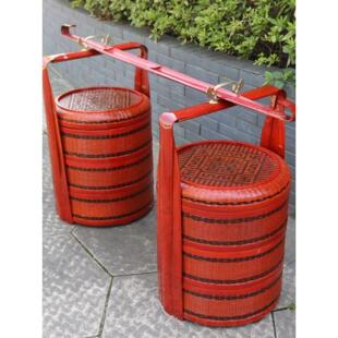 竹编篮子竹编箩筐结婚挑担订婚家用喜事篮子带扁担红色婚庆大篮子