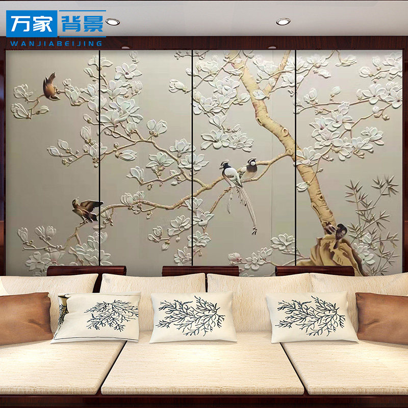 宋式刺绣硬包背景墙客厅沙发x卧室电视中式背景酒店床头壁画简约