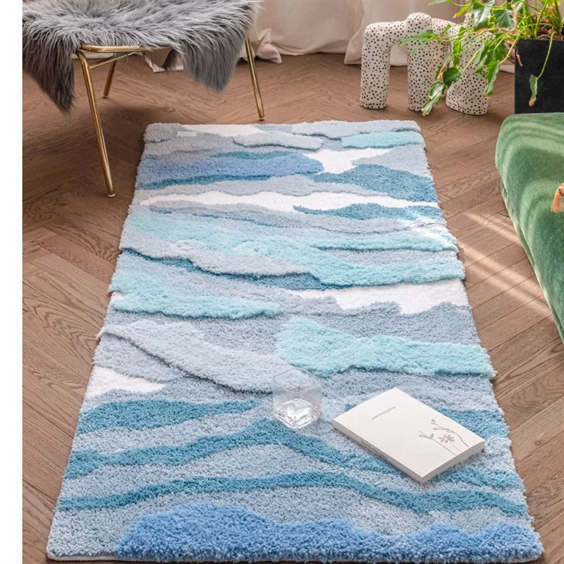 2025新款ins蓝色苔藓床边地毯卧室客厅脚垫多巴胺儿童房阳台地垫