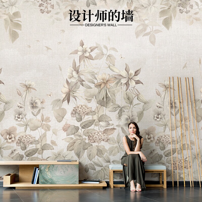 法式花草壁纸高级感沙发背u景布墙布客厅电视机背景墙壁布卧室墙