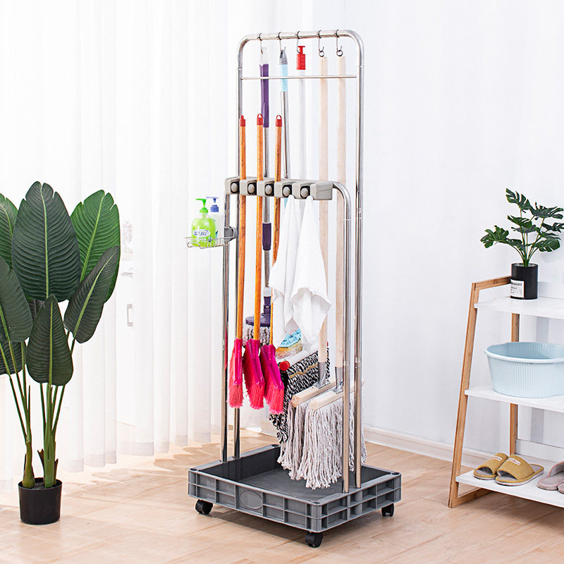 不锈钢移动拖把扫把架落地式家用卫生间学校清洁整理工具收纳架子