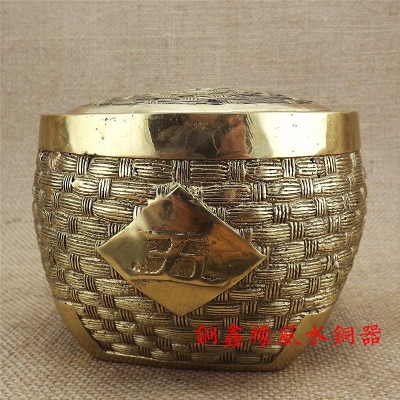 纯铜五谷丰e登年年有余铜坛聚宝盆储物罐家居饰品粮仓工艺品摆件