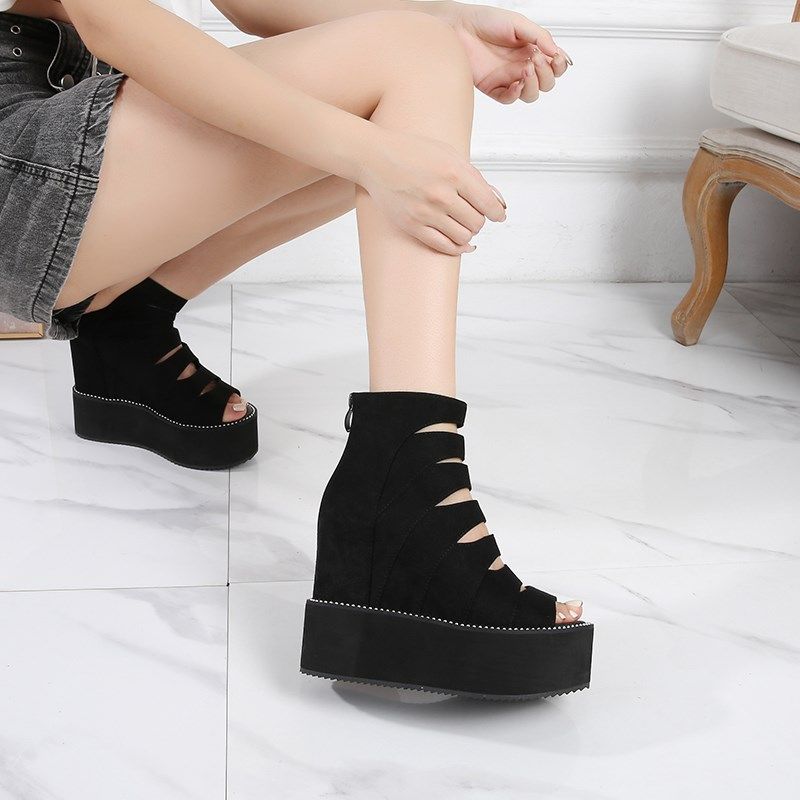 2025春夏时尚内增高坡跟厚底凉鞋女高跟防水台镂空松糕底鱼嘴凉靴,女鞋,罗马凉鞋,淘宝优惠券,粉丝福利购,淘宝优惠卷