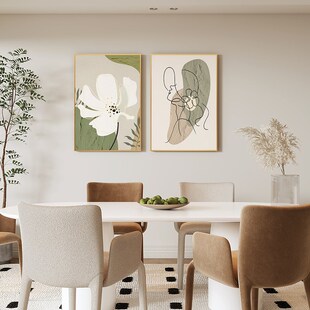 餐厅装饰画现代简约餐桌墙面挂画侘寂风大气新款饭厅两联壁画