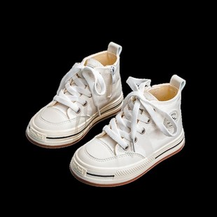 儿童帆布鞋系鞋带中高帮童鞋男童球鞋女J童板鞋纯色布鞋黑色白色