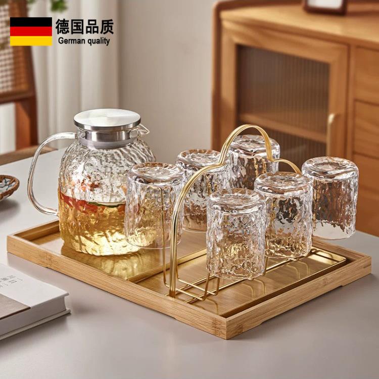 德国轻奢玻璃杯子耐高温家用喝水泡茶杯子套装带收纳置物架果汁杯