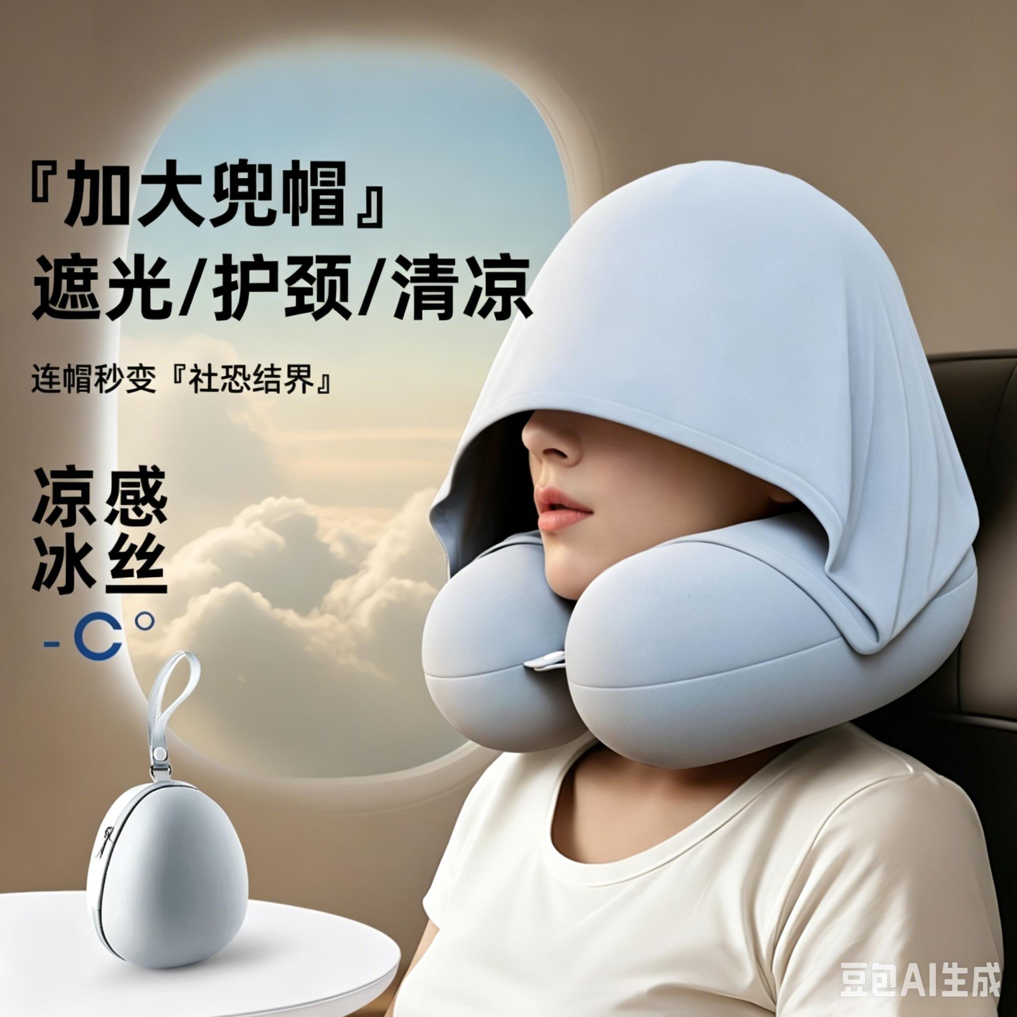 日本连帽u型枕护颈枕旅行可携式飞机办公室午睡枕冰丝旅行枕U形枕